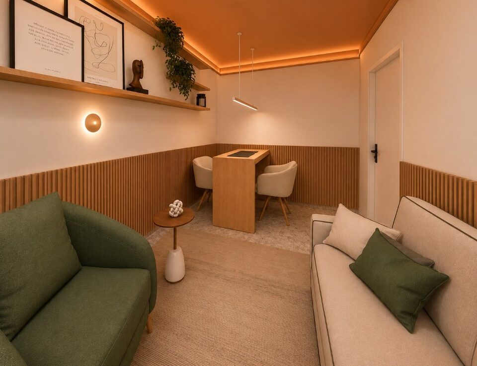 Sala de atendimento clínico em São Caetano do Sul, com sofás, boiserie de madeira e iluminação acolhedora