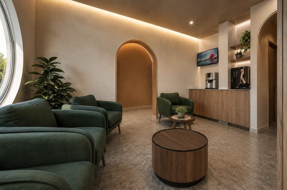 Sala de espera com poltronas, plantas e estação de café